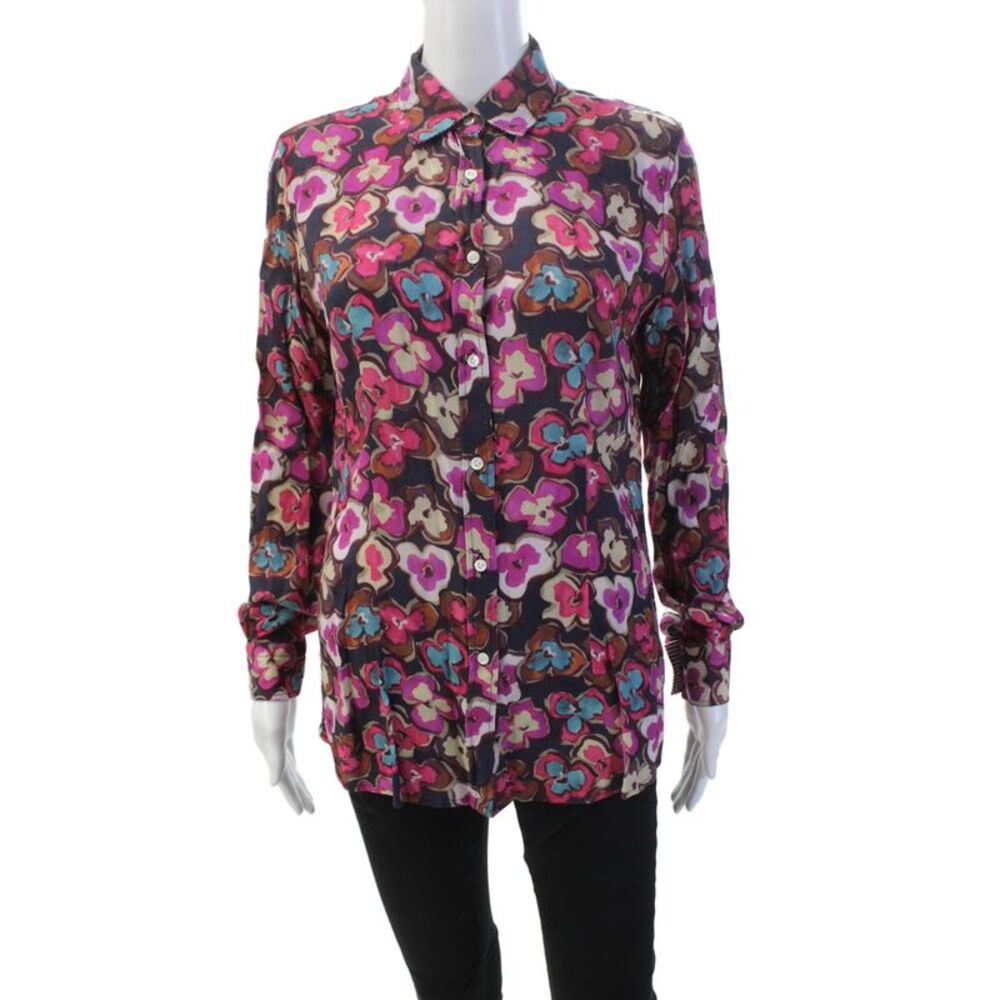 Sharis Womens Floral Collar Long Sleeve Button Down Shirt Purple Size 46